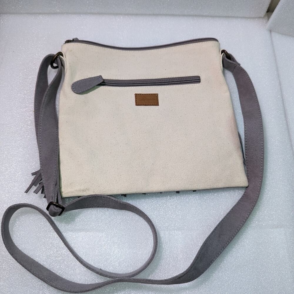 Color Dunes Canvas Crossbody purse with grey microfiber straps and grey fringe